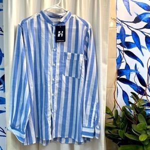NWT Men’s Blue & White Striped Cotton Hawalili Long Sleeve Button down Size L